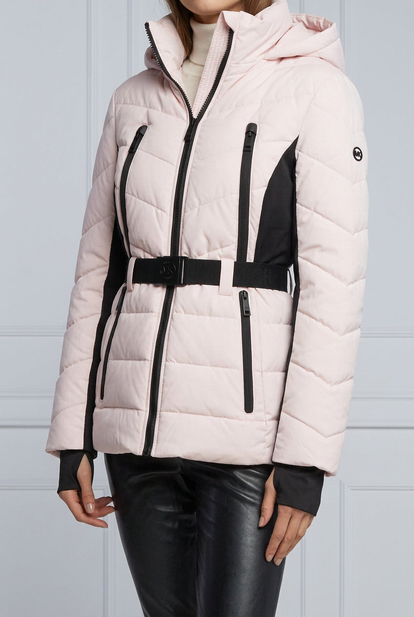 MICHAEL Michael Kors Women's Hooded Puffer Scuba Belted Coat Jacket Blush