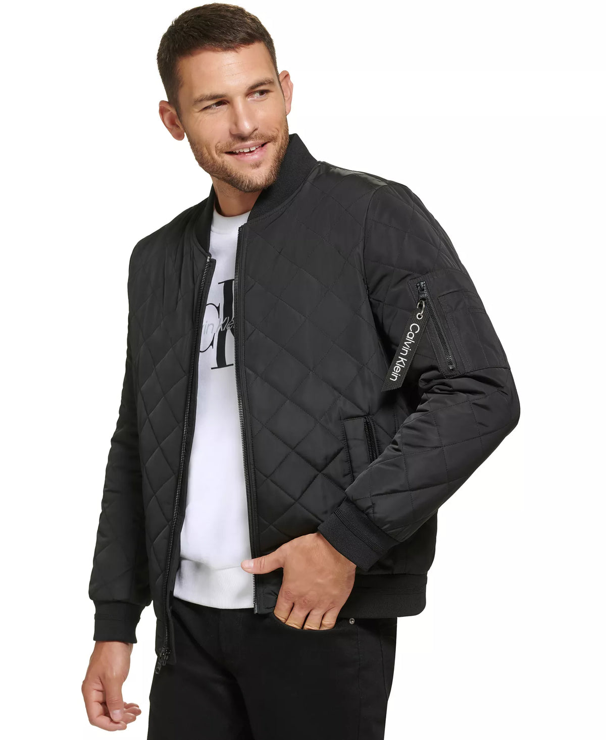 CALVIN KLEIN  Men's Quilted Baseball Jacket with Rib-Knit Trim  Black