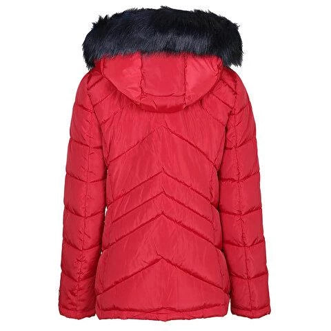 Tommy Hilfiger Women's Chevron Fur Hooded Short Puffer Jacket.