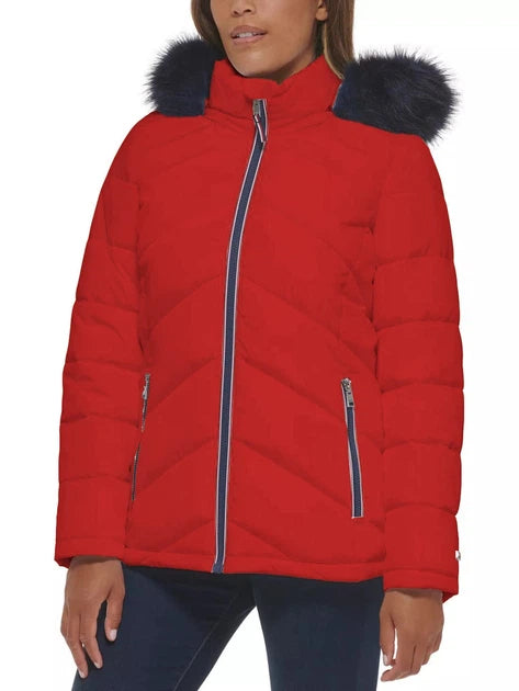 Tommy Hilfiger Women's Chevron Fur Hooded Short Puffer Jacket.