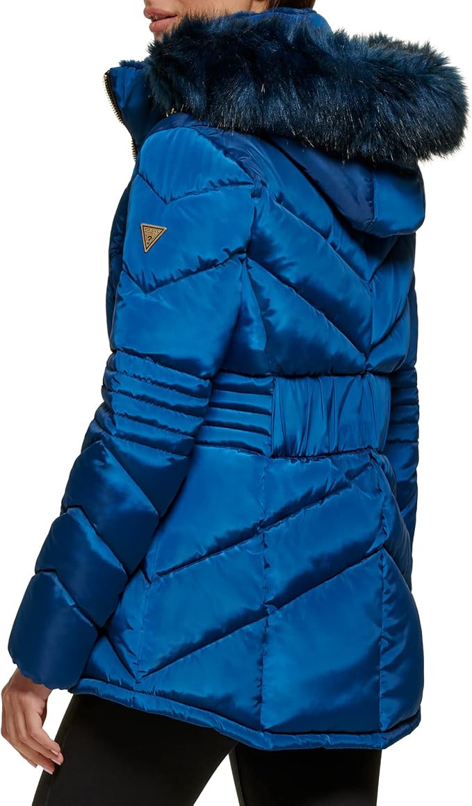 GUESS Women's Hooded Short Coat with Faux Fur Bib