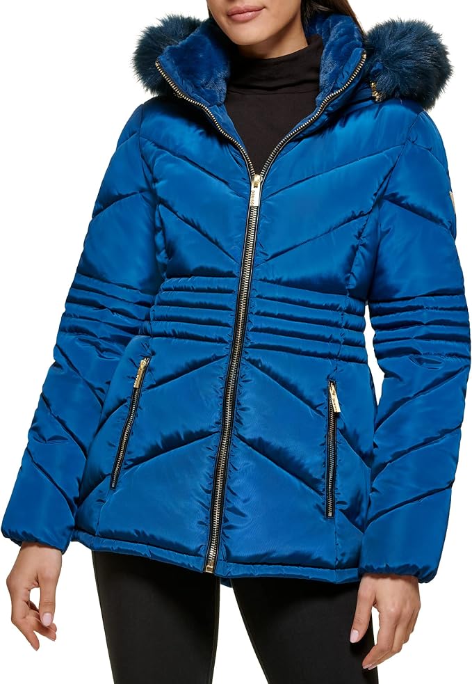 GUESS Women's Hooded Short Coat with Faux Fur Bib
