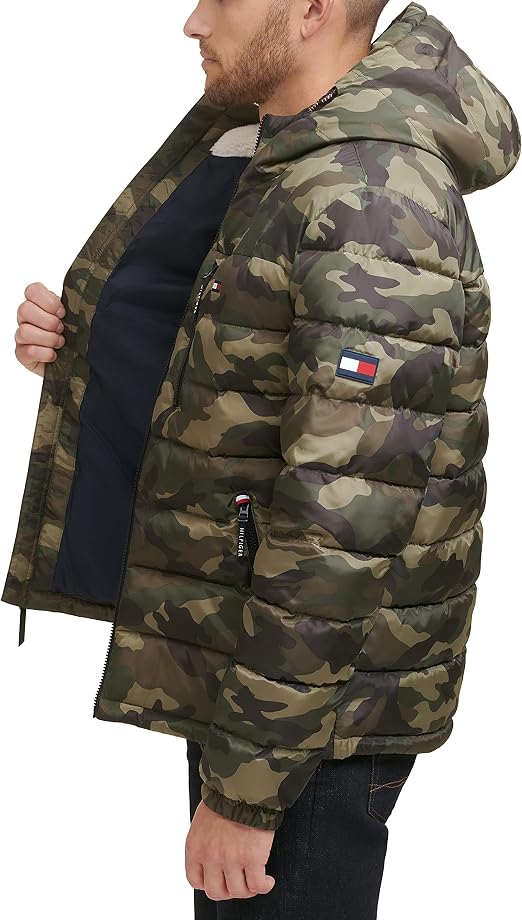 Tommy Hilfiger Men's Midweight Sherpa Lined Hooded Water Resistant Puffer Jacket, Camouflage Tech, XL