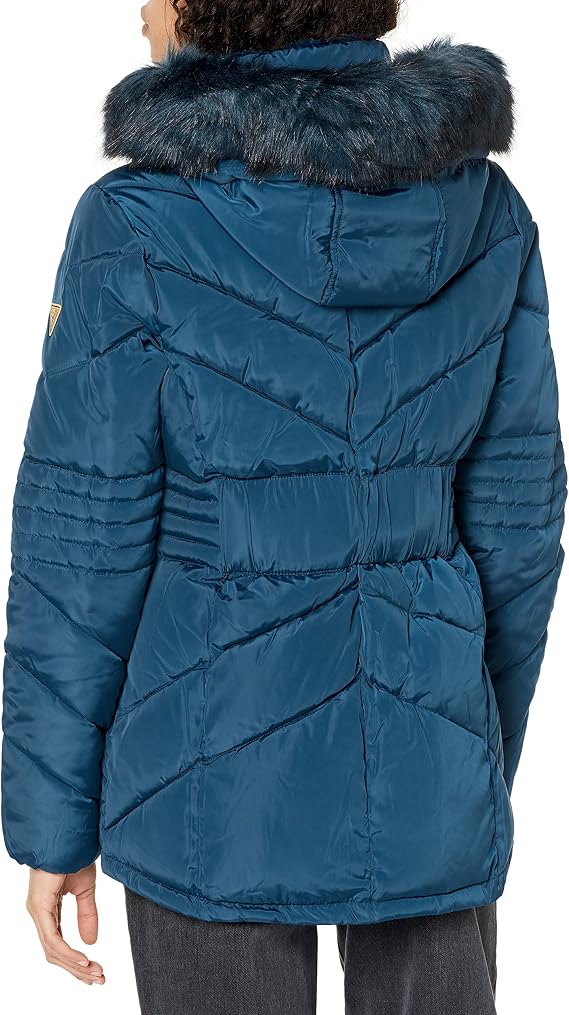 GUESS Women's Hooded Short Coat with Faux Fur Bib