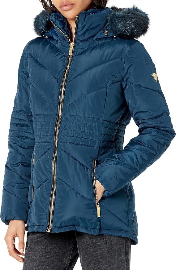 GUESS Women's Hooded Short Coat with Faux Fur Bib