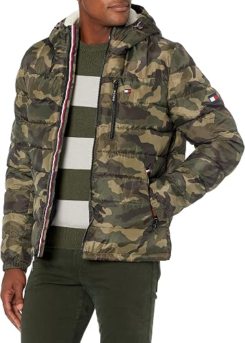 Tommy Hilfiger Men's Midweight Sherpa Lined Hooded Water Resistant Puffer Jacket, Camouflage Tech, XL