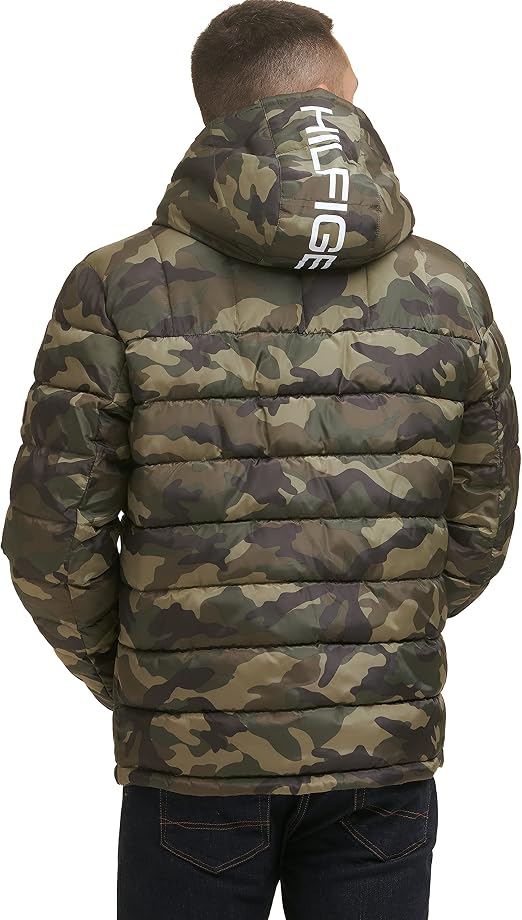 Tommy Hilfiger Men's Midweight Sherpa Lined Hooded Water Resistant Puffer Jacket, Camouflage Tech, XL