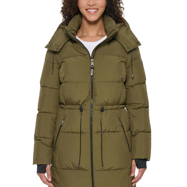 DKNY Women's Jacket Green Puffer Hood Pockets Thumbhole Cuffs Lightweight