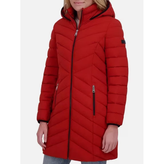 DKNY Women's Stretch Walker Coat Hoodie Red