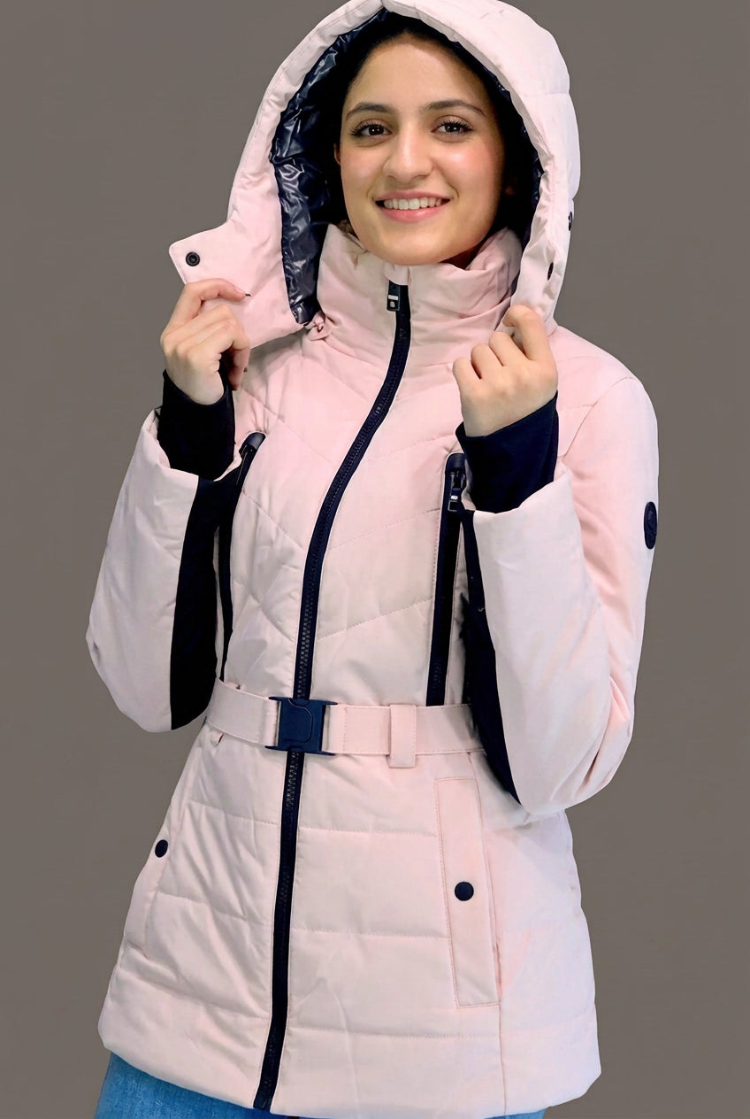 MICHAEL Michael Kors Women's Hooded Puffer Scuba Belted Coat Jacket Blush