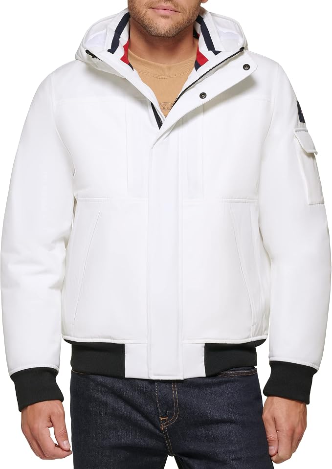 Tommy Hilfiger Men's Arctic Cloth Hooded Utility Bomber, White
