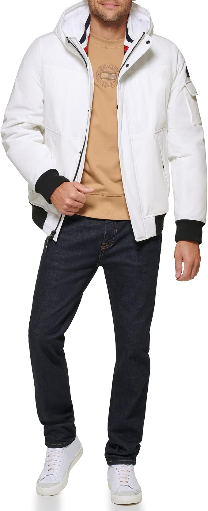 Tommy Hilfiger Men's Arctic Cloth Hooded Utility Bomber, White