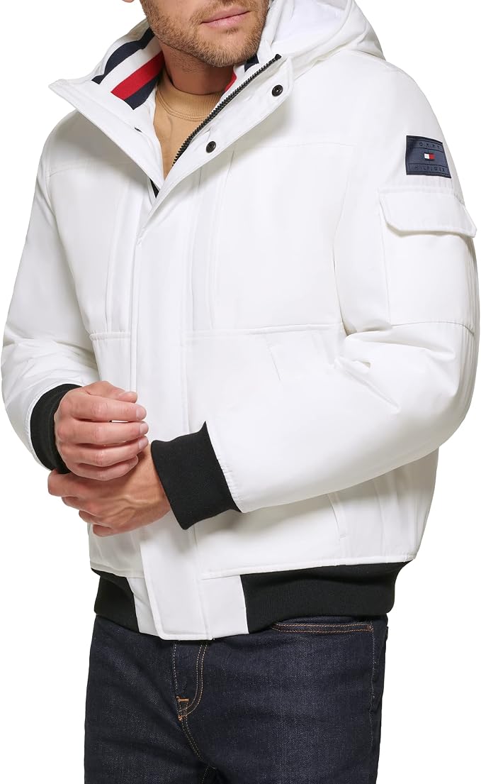 Tommy Hilfiger Men's Arctic Cloth Hooded Utility Bomber, White