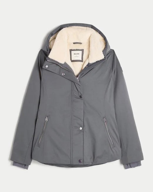 Hollister Faux Fur-Lined All-Weather Jacket in grey.