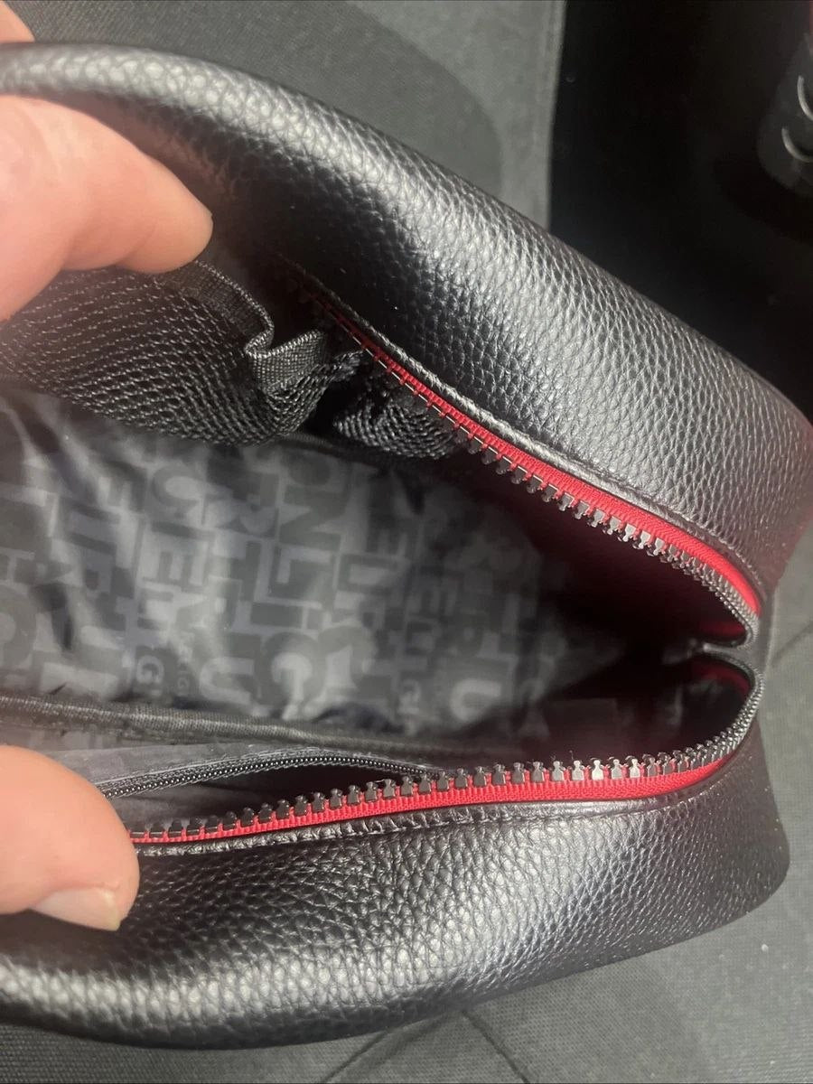 True Religion Travel Toiletry Bag Black Faux Leather Red Trim Logo Pouch Case