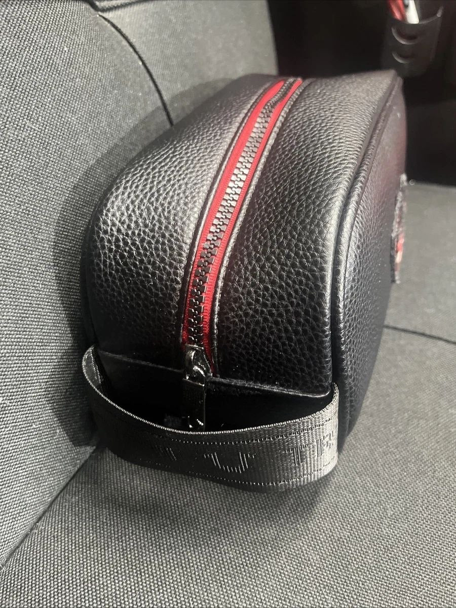True Religion Travel Toiletry Bag Black Faux Leather Red Trim Logo Pouch Case