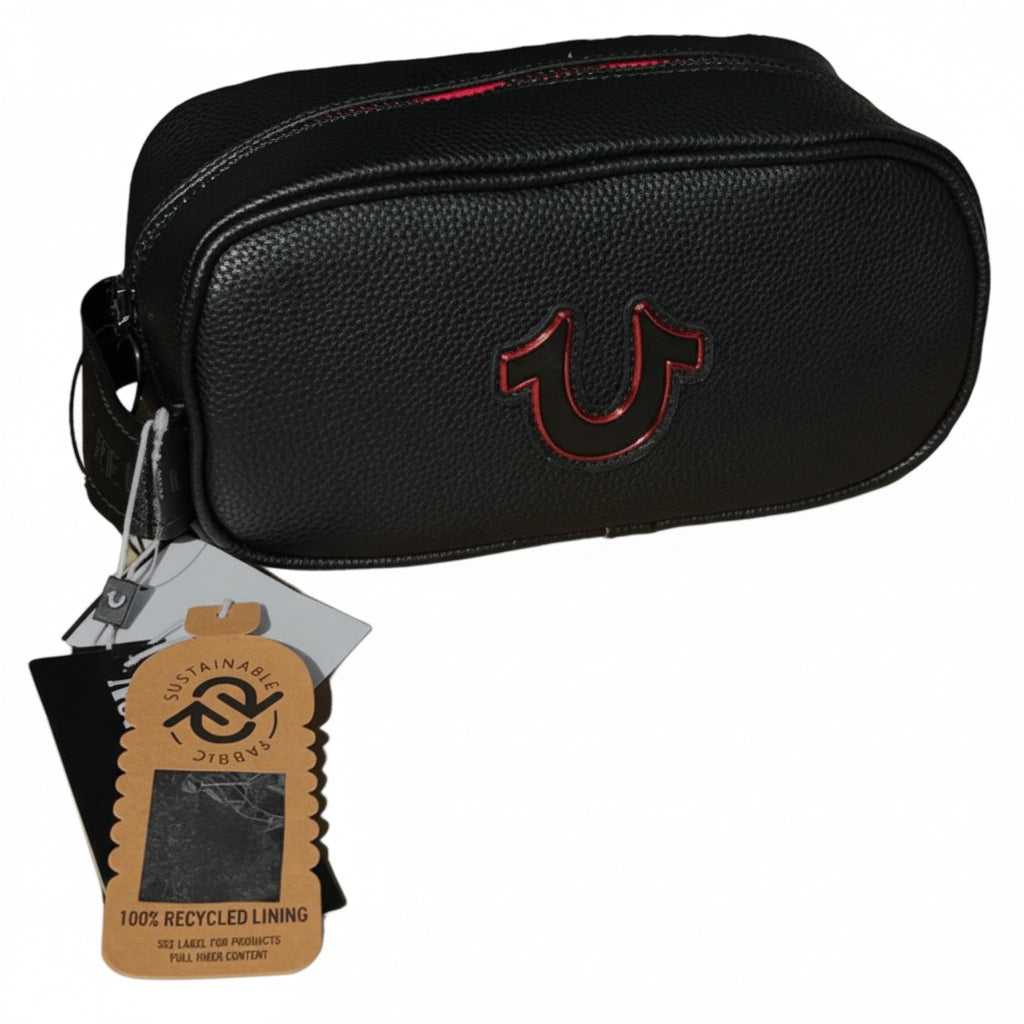 True Religion Travel Toiletry Bag Black Faux Leather Red Trim Logo Pouch Case