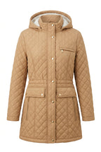 Tommy Hilfiger women's COAT Beige quilted winter jacket with a white Sherpa-lined hood,