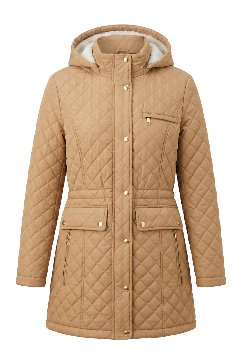 Tommy Hilfiger women's COAT Beige quilted winter jacket with a white Sherpa-lined hood,