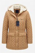 Tommy Hilfiger women's COAT Beige quilted winter jacket with a white Sherpa-lined hood,