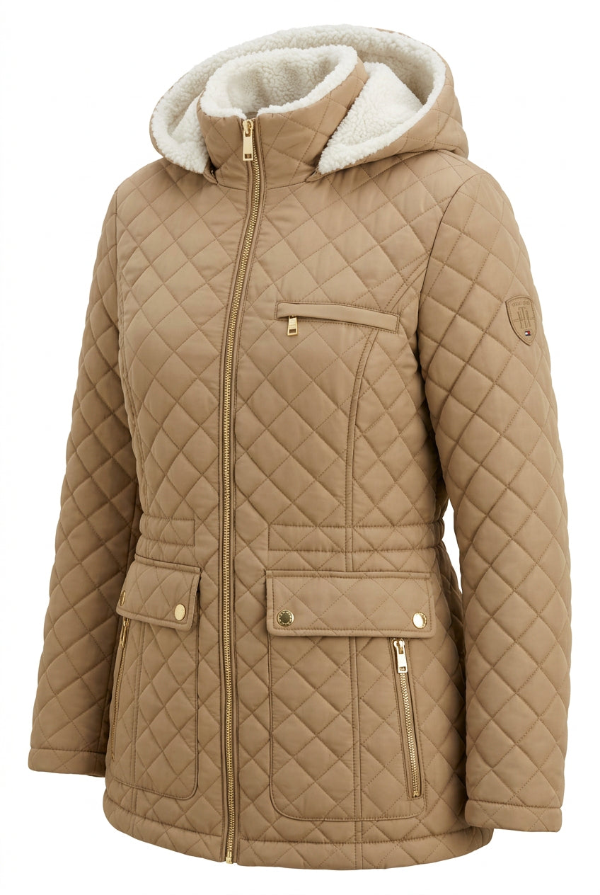 Tommy Hilfiger women's COAT Beige quilted winter jacket with a white Sherpa-lined hood,