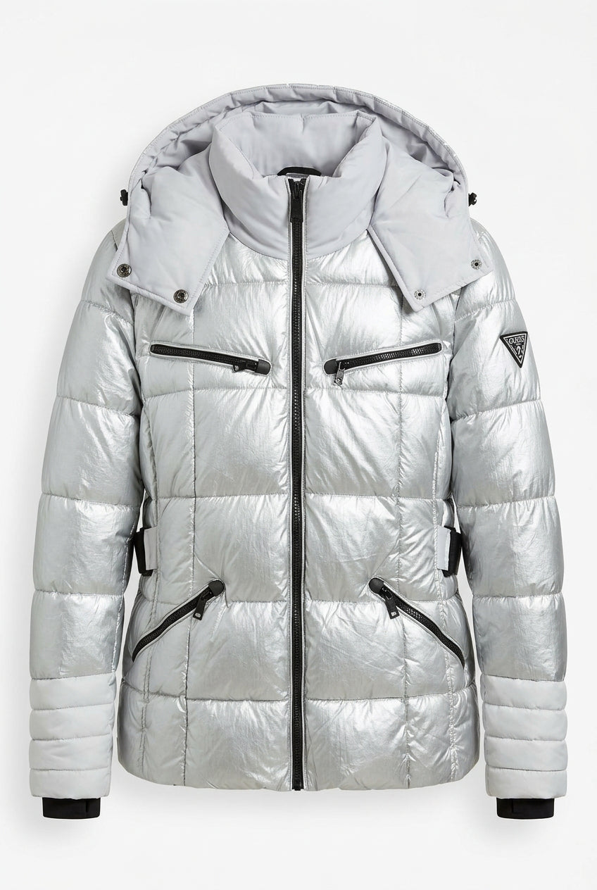 Guess iridescent silver or metallic puffer jacket