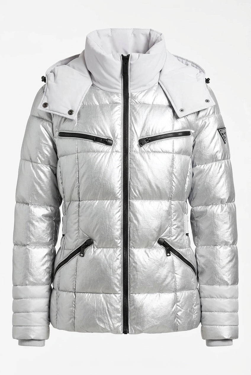 Guess iridescent silver or metallic puffer jacket