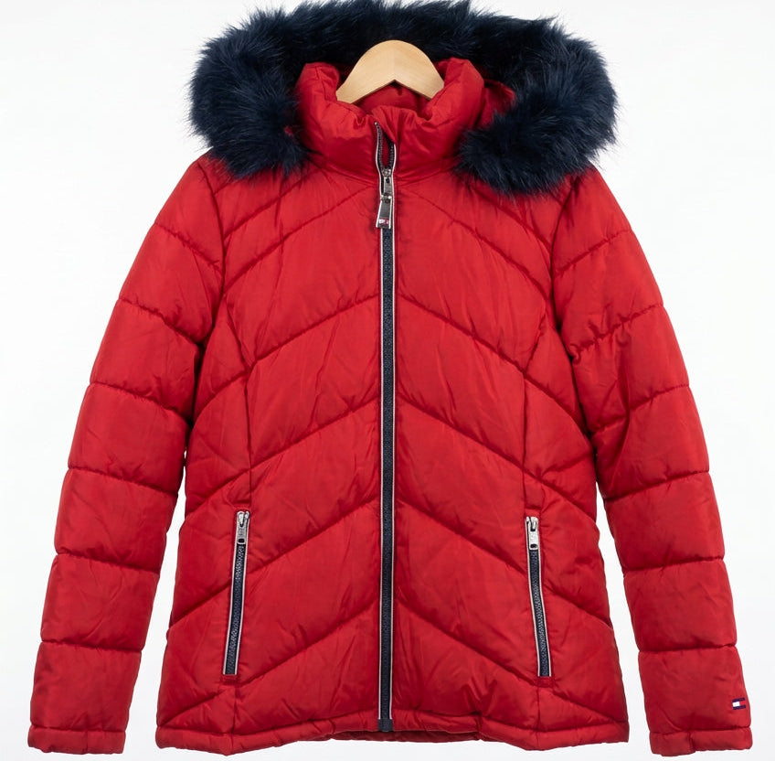 Tommy Hilfiger Women's Chevron Fur Hooded Short Puffer Jacket.