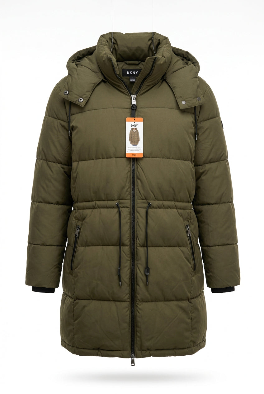 DKNY Women's Jacket Green Puffer Hood Pockets Thumbhole Cuffs Lightweight