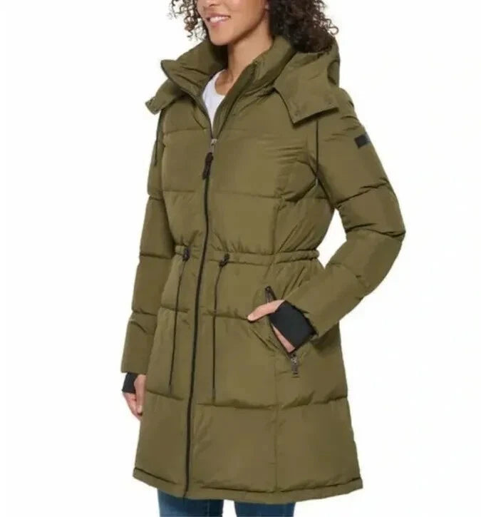 DKNY Women's Jacket Green Puffer Hood Pockets Thumbhole Cuffs Lightweight