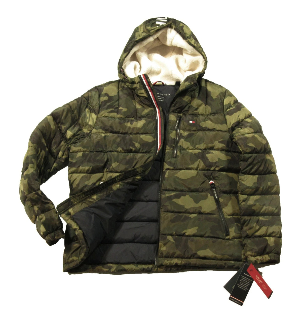 Tommy Hilfiger Men's Midweight Sherpa Lined Hooded Water Resistant Puffer Jacket, Camouflage Tech, XL