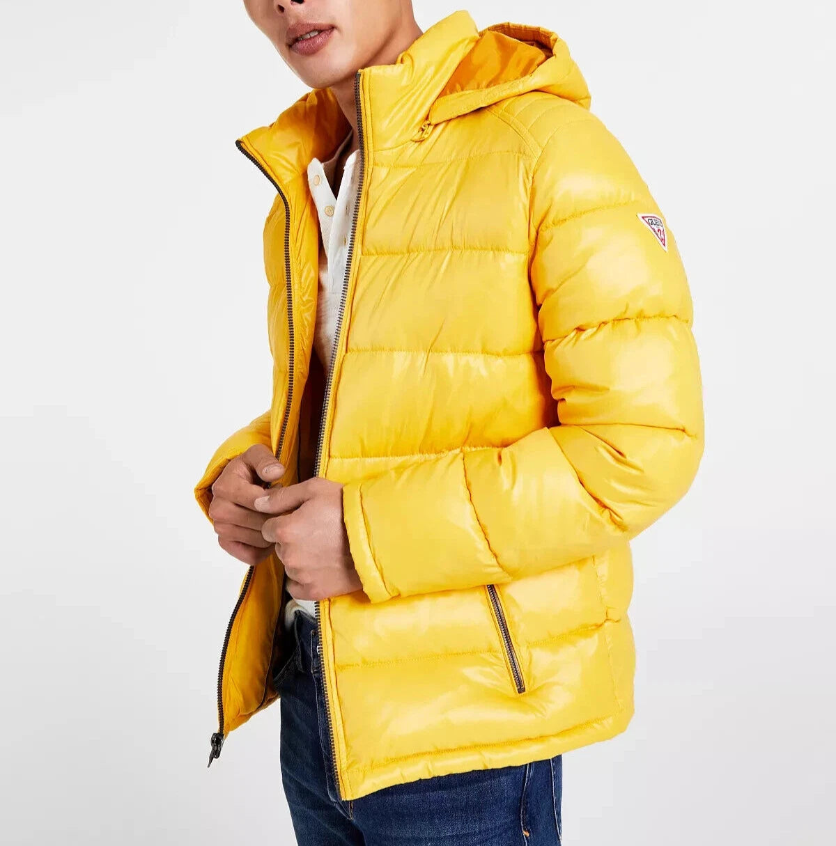 GUESS Quilted Puffer Coat Women's Yellow Hooded Winter Jacket Zip Front NEW