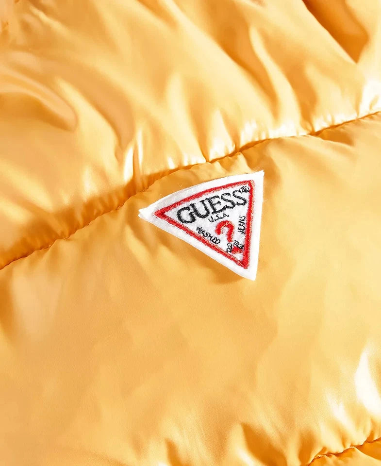 GUESS Quilted Puffer Coat Women's Yellow Hooded Winter Jacket Zip Front NEW