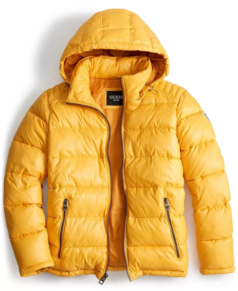 GUESS Quilted Puffer Coat Women's Yellow Hooded Winter Jacket Zip Front NEW