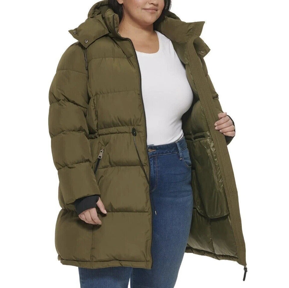 DKNY Women's Jacket Green Puffer Hood Pockets Thumbhole Cuffs Lightweight