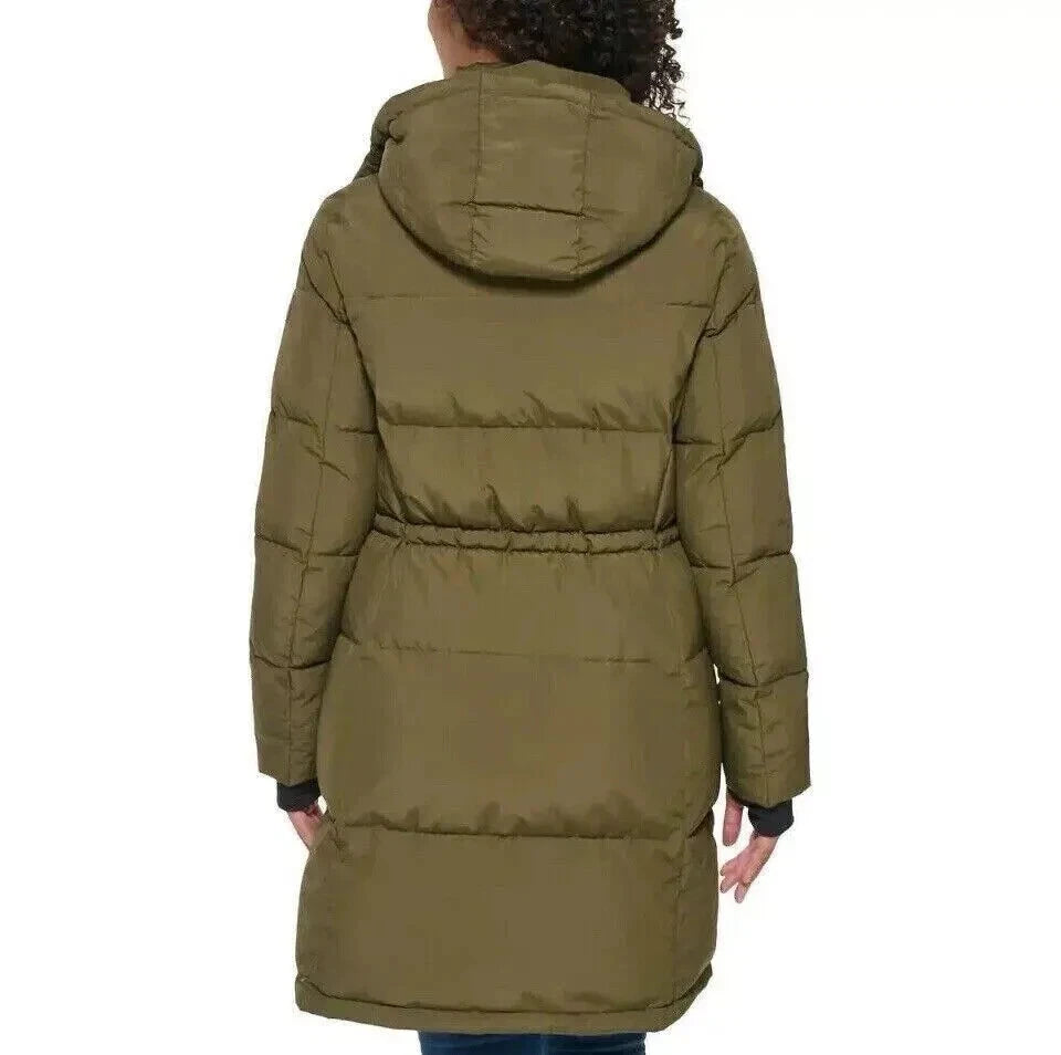 DKNY Women's Jacket Green Puffer Hood Pockets Thumbhole Cuffs Lightweight